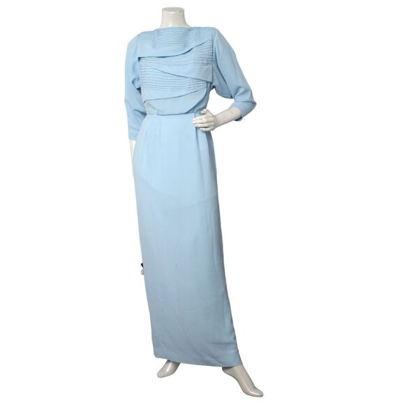 VTG  Handmade Light Blue Maxi Gown Dress Pleated Layered Bodice Billow Sleeve - Picture 2 of 16